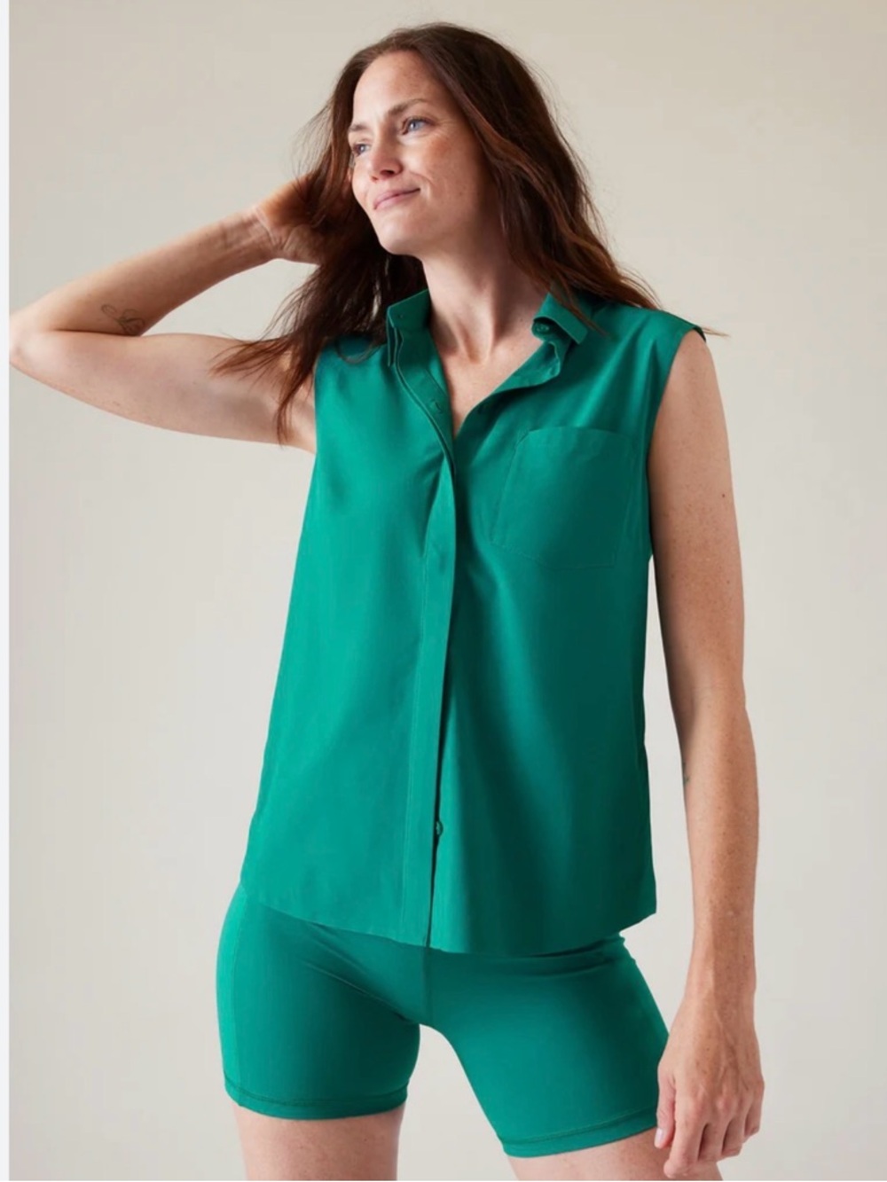 Athleta Teal Urbanite Sleeveless Button-Front Collared Shell
